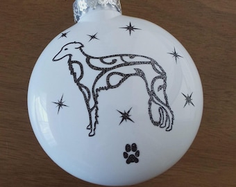 Silken Windhound Ornament – Black Glitter, Plastic – Modified USA Handmade Design