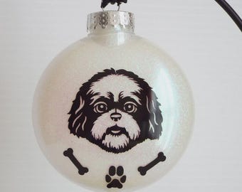 Shih Tzu Christmas Ornament, Glittered White Dog Tree Decor, Pet Memorial Keepsake