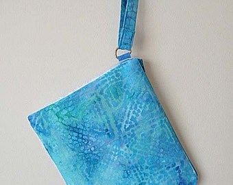 Handmade Tie Dye Wristlet Clutch | Blue Green Glitter Organza Accent, One of a Kind