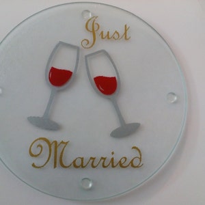 Round glass cutting board Just married wedding gift vinyl design for newly weds