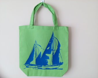 Nautical shopping fabric tote bag reusable  green cotton with racing sailing boats