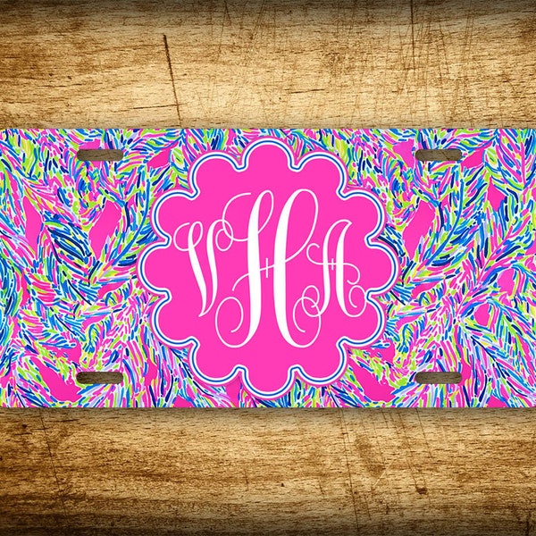Lily Pink Flower Monogram Front License Plate Personalized Initials Colorful Monogrammed Auto Tag Women's Gift Idea 6x12