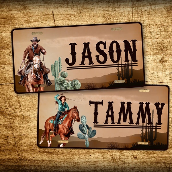 Personalized Western Cowboy Or Cowgirl 6x12 License Plate Cowboy Riding Horse Custom Auto Tag Aluminum Sign