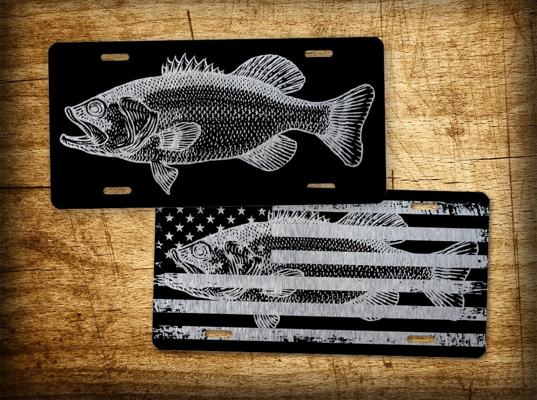 Brushed Aluminum BASS Fishing License Plate American Flag Fisherman