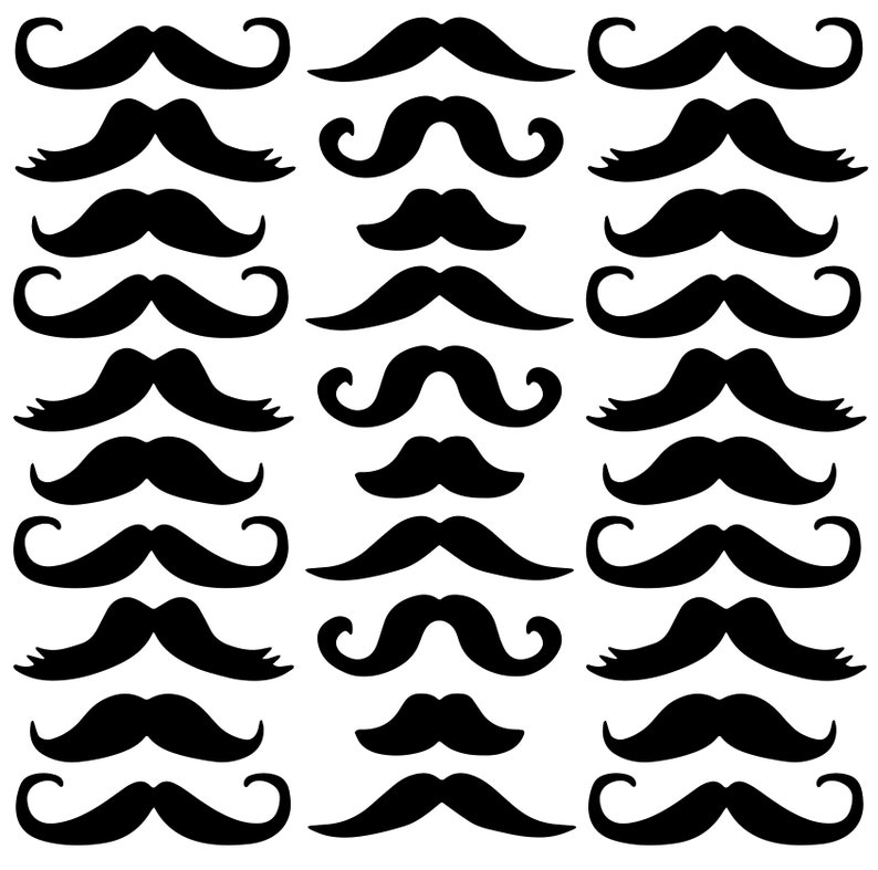 May include: A set of 24 black moustache silhouettes, arranged in three columns of eight moustaches each. The moustaches are various shapes and sizes, with some having curled ends.