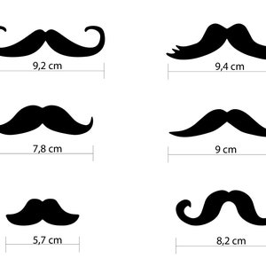 May include: Six different black moustache shapes with measurements in centimetres. The moustaches are isolated on a white background.