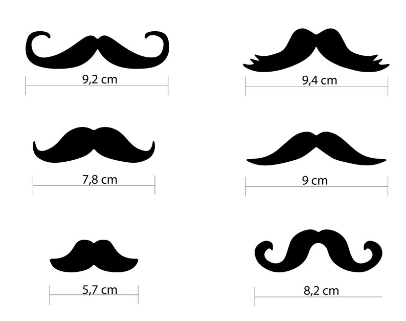 May include: Six different black moustache shapes with measurements in centimetres. The moustaches are isolated on a white background.