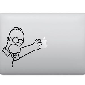 Könnte beinhalten: Eine Schwarzweißillustration einer Comicfigur, die nach einem Apple-Logo auf einem silbernen Laptop greift.