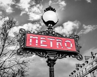 Paris Photography | Metro Sign, Black White and Red Accent Photo Art