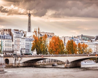 Paris Photography | The Eiffel Tower and Romantic Parisian Apartments on Seine River in Fall, Cityscape Large Wall Art Decor