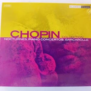 May include: A 3-CD set of Chopin music, featuring a collection of nocturnes, piano concertos, and a barcarolle. The cover art features a purple and pink abstract design with the title "Chopin Collection" in white text.