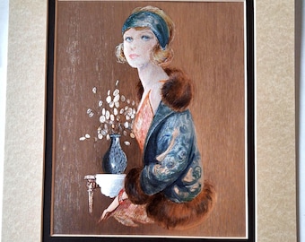 Art Deco - Woman - Original vintage 1989 Foil Print - Mounted Ready To Frame