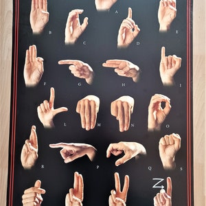May include: A black and white poster with the title "The Fingers' International Code". The poster shows a hand sign for each letter of the alphabet.