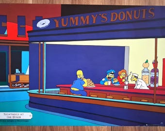 May include: A colorful poster titled Nightogs at the Diner featuring a parody of a diner scene with characters from The Simpsons. The shop sign reads Yummy's Donuts. Homer Simpson sits at a red counter with a stack of donuts, alongside a police officer, a woman, and a server. The scene is rendered in bold, flat colors with a dark blue exterior and red accents.