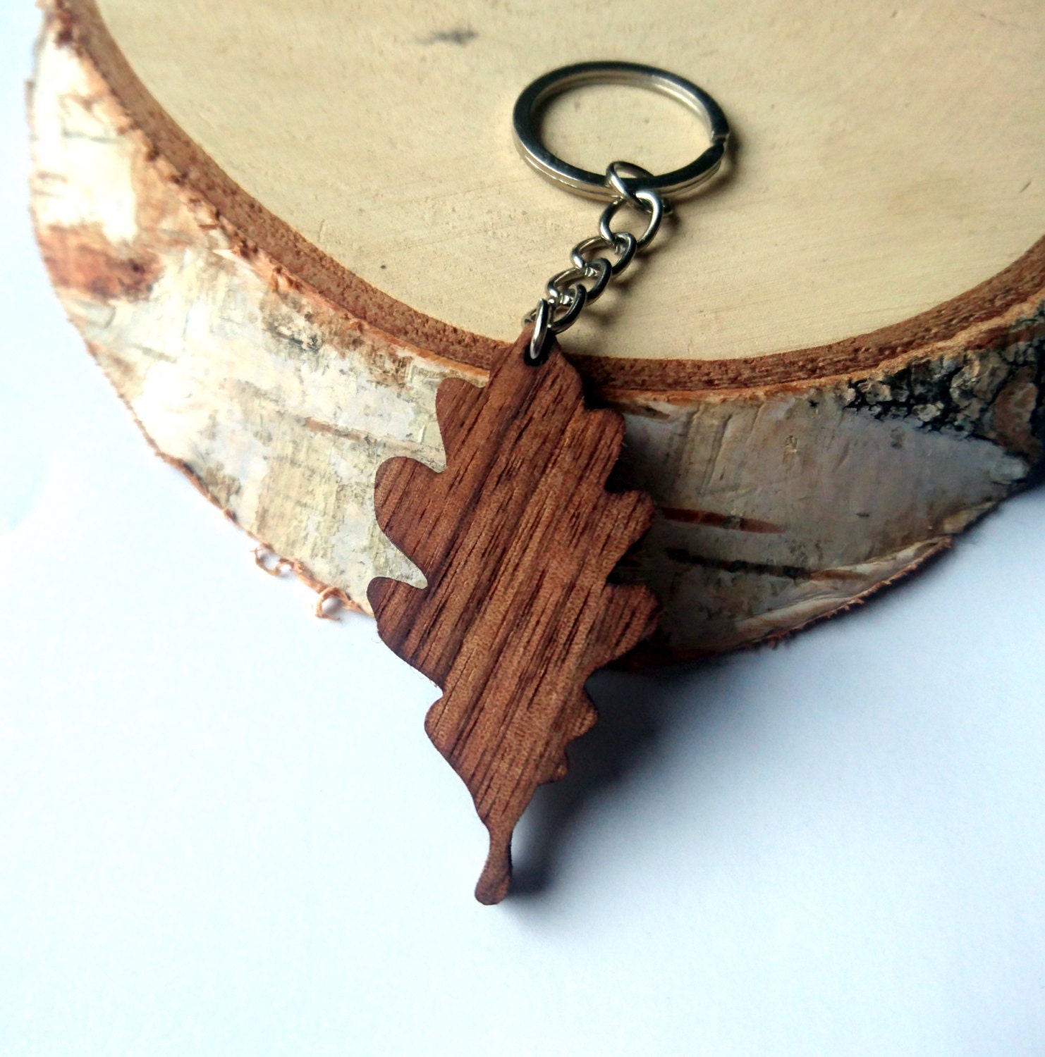 Oak Leaf Wooden Keychain Walnut Wood Oak Tree Keychain Etsy