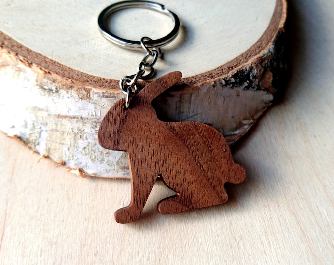 Wooden Rabbit Keychain, Walnut Wood, Animal Bunny Keychain, Environmental Friendly Green materials