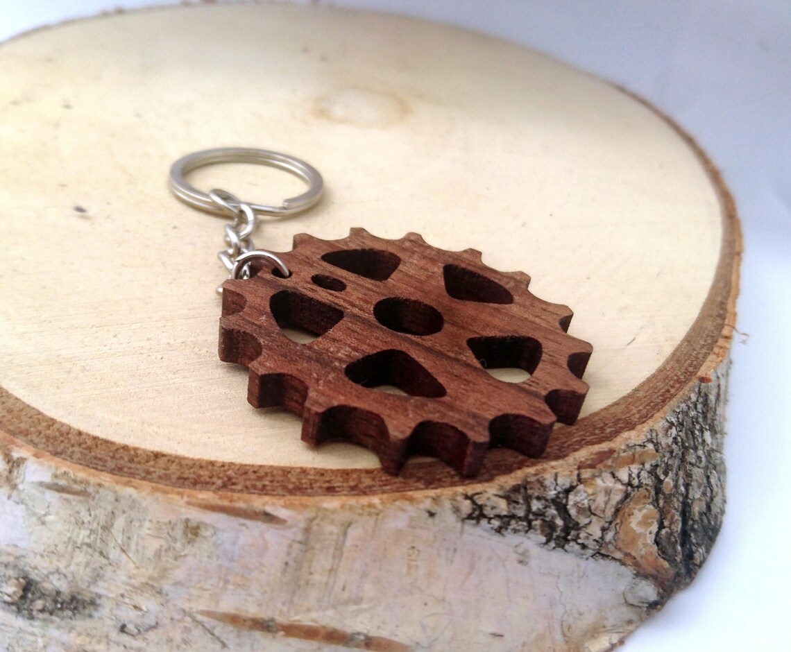 Sprocket Wooden Keychain Bike Keychain Walnut Wood Cool Etsy