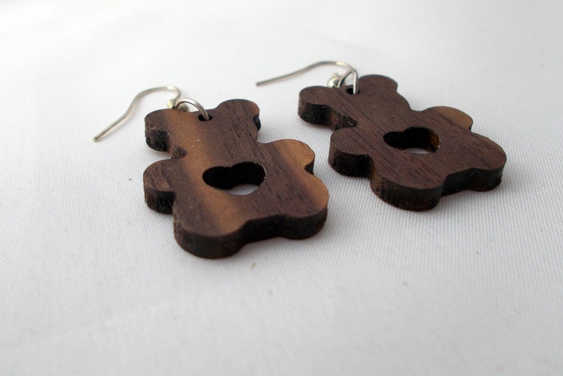 Walnut Teddy Bear Earrings Metal hooks without nickel for no alergic reactions image 1