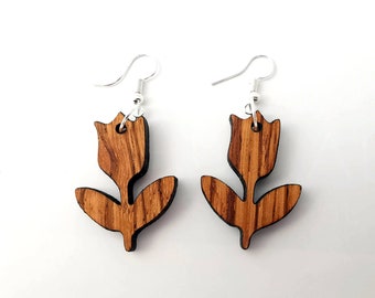 Zebrano Tulip Earrings, Wooden Flower Earrings, Tulip Earrings (Metal Posts without nickel for no alergic reactions!)
