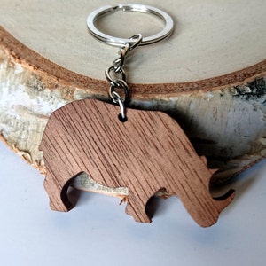 Wooden Rhino Keychain, Walnut Wood, Animal Keychain, Environmental Friendly Green materials