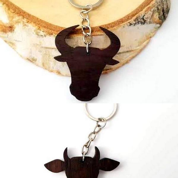 Wooden COW or BULL Head Keychain, Walnut Wood, Animal Keychain, Environmental Friendly Green materials