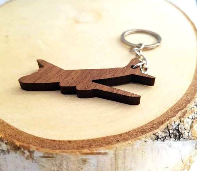 Wooden Airplane Keychain, Walnut Wood, Pilot Keychains, Custom laser engraved, Friendly Green materials image 2