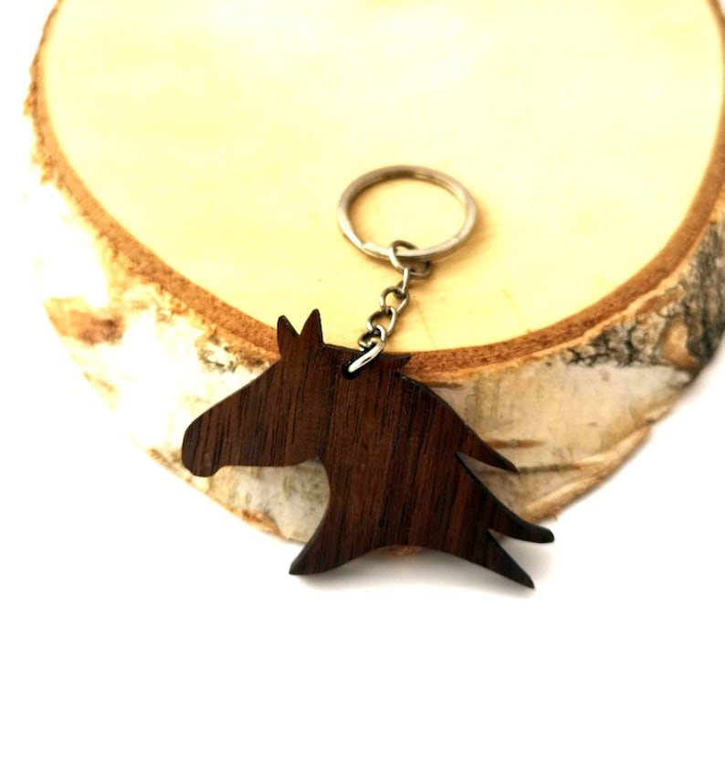 Wooden Horse Head Keychain Walnut Wood Animal Keychain Etsy