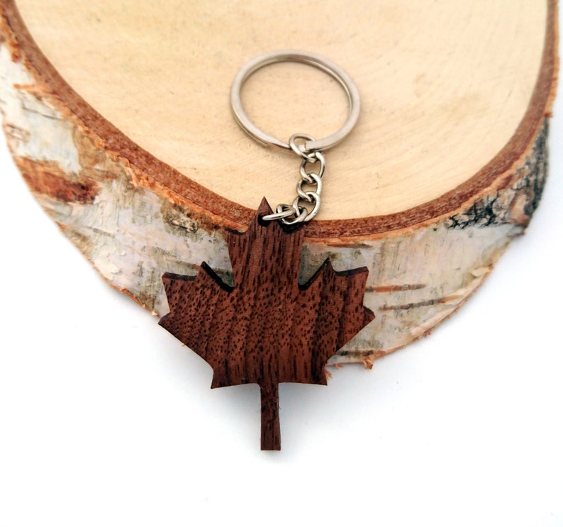 Wooden Canadian Maple Leaf Keychain, Walnut Wood, Canada Keychain, Environmental Friendly Green materials image 1