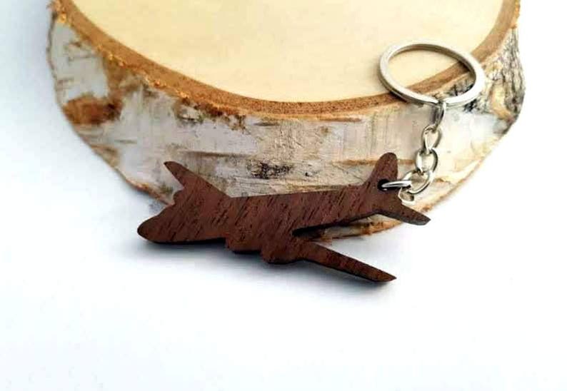 Wooden Airplane Keychain, Walnut Wood, Pilot Keychains, Custom laser engraved, Friendly Green materials image 1