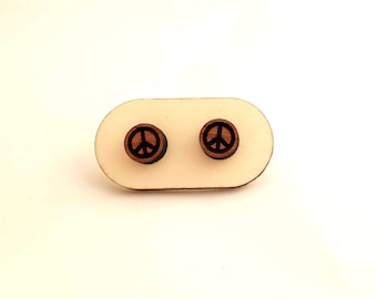 Peace Sign Wooden Earrings, Circle Walnut Wood  Earrings (Metal Posts without nickel for no alergic reactions!)