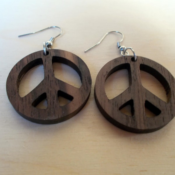 Walnut PEACE SIGN Earrings, Wooden Earrings, Natural and eco friendly materials (Metal hooks without nickel for no alergic reactions)