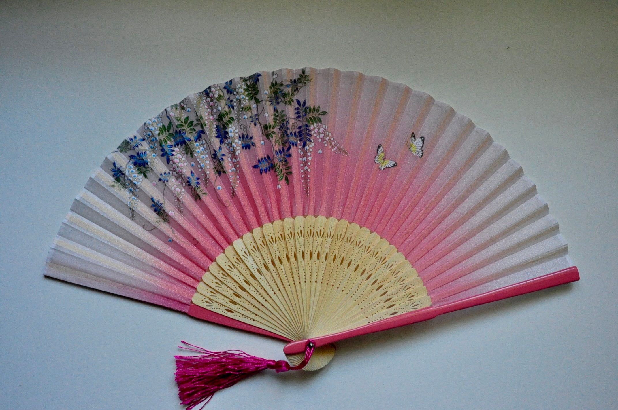 Wisteria Flower and Butterfly Design Japanese Bamboo Silk Fan Blue Color Wisteria Flower and Butterfly Design Japanese Bamboo Silk Fan Blue Color