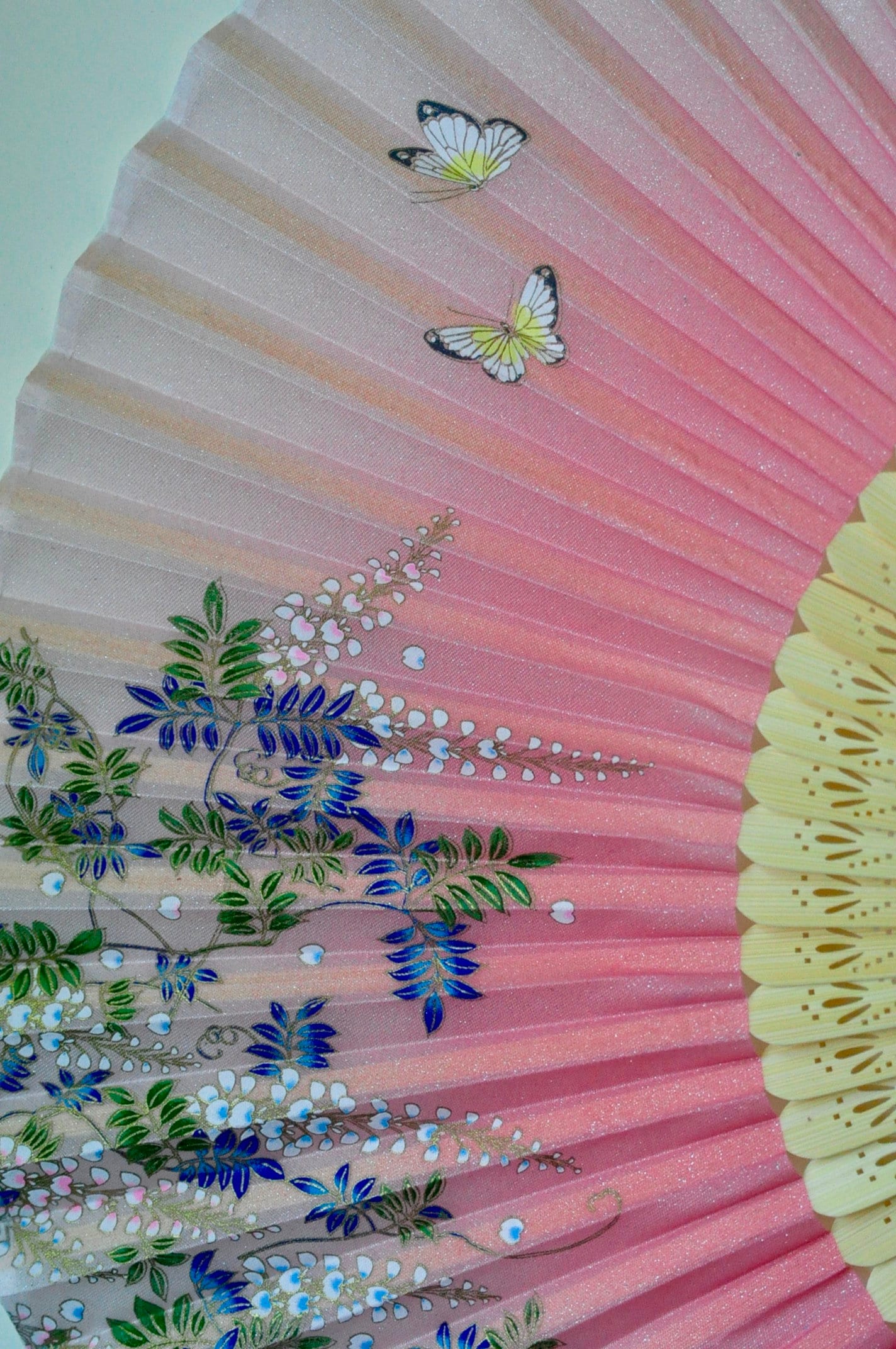 Wisteria Flower and Butterfly Design Japanese Bamboo Silk Fan Blue Color Wisteria Flower and Butterfly Design Japanese Bamboo Silk Fan Blue Color
