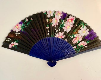 Cosmos flower Blue Hand Fan With Sleeve - Japanese hand fan,Handheld Folding Fan,Folding Fan