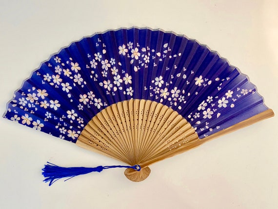 Silk Midnight Sakura Hand Fan with sleeve Handheld Folding | Etsy