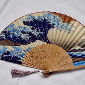 Japanese silk Hand Fan with sleeve -Mount Fuji,Handheld Folding Fan ,folding fan,Hand fan, vintage Japanese,blue hand fan