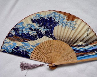Ventilateur à main en soie japonaise avec manchon - Mont Fuji, ventilateur pliant portable, ventilateur pliant, ventilateur à main, ventilateur à main vintage japonais, bleu
