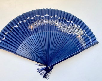 Silk Navy feather Hand Fan with sleeve -Handheld Folding Fan, Japanese Hand Fan,Japanese folding fan,