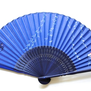 Wisteria Flower and Butterfly Design Japanese Bamboo Silk Fan Blue Color Wisteria Flower and Butterfly Design Japanese Bamboo Silk Fan Blue Color