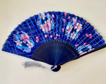 Silk midnight Sakura Hand Fan with sleeve -Handheld Folding Fan, Japanese Hand Fan,folding fan,Cherry blossom,blue hand fan