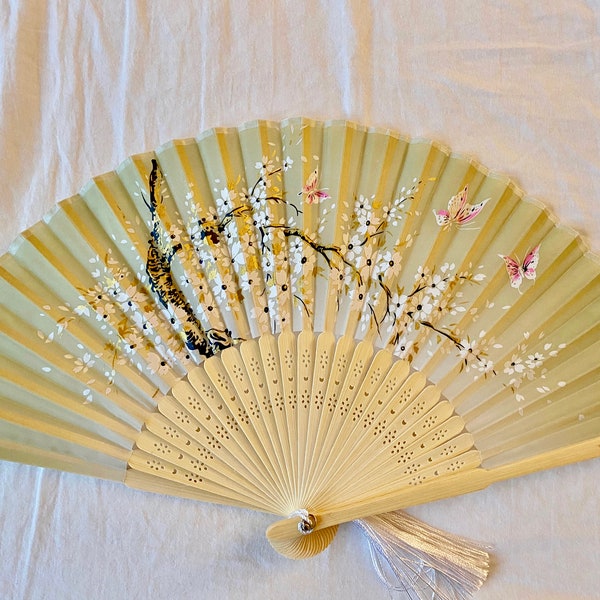 Green Floral and butterfly Hand Fan with sleeve -Handheld Folding Fan, Japanese Hand Fan,Japanese folding fan,