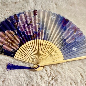 Silk Navy Blue Peony flower Hand Fan with sleeve -Handheld Folding Fan, Japanese Hand Fan,Japanese folding fan,