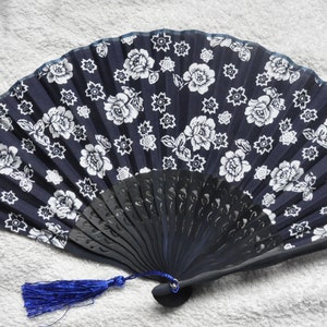 Fabric floral navy blue Hand Fan with sleeve  - midnight,calico,Handheld Folding Fan,blue small floral,wedding of blue