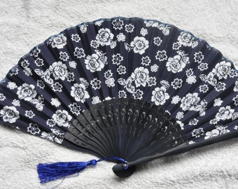 Fabric floral navy blue Hand Fan with sleeve  - midnight,calico,Handheld Folding Fan,blue small floral,wedding of blue