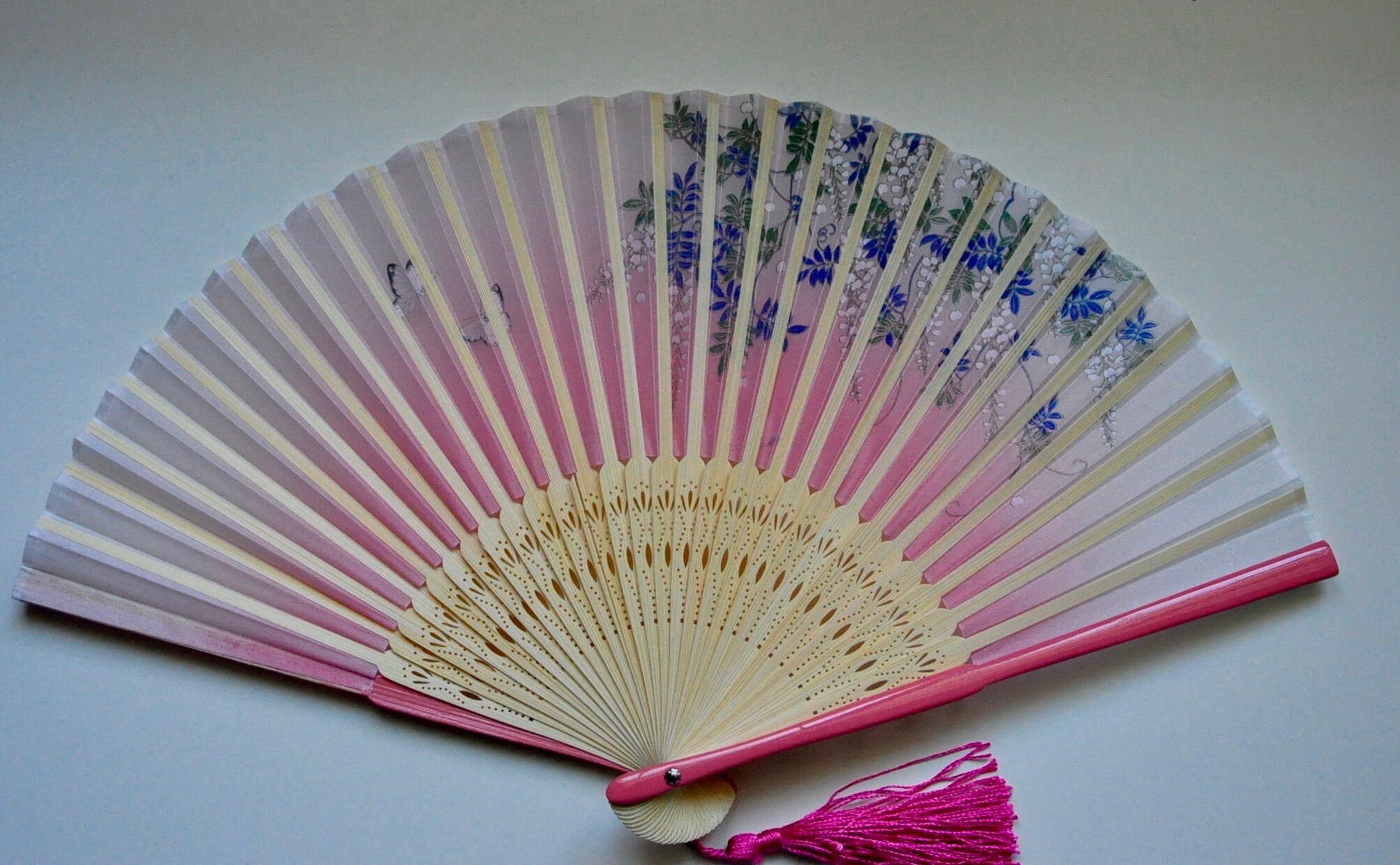 Wisteria Flower and Butterfly Design Japanese Bamboo Silk Fan Blue Color Wisteria Flower and Butterfly Design Japanese Bamboo Silk Fan Blue Color