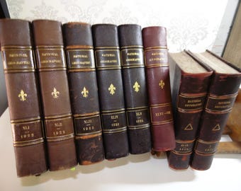 8 x National Geographic Bound Journals, 1922-26, Illustrated, Tooled Leather Spines, Marbled Boards