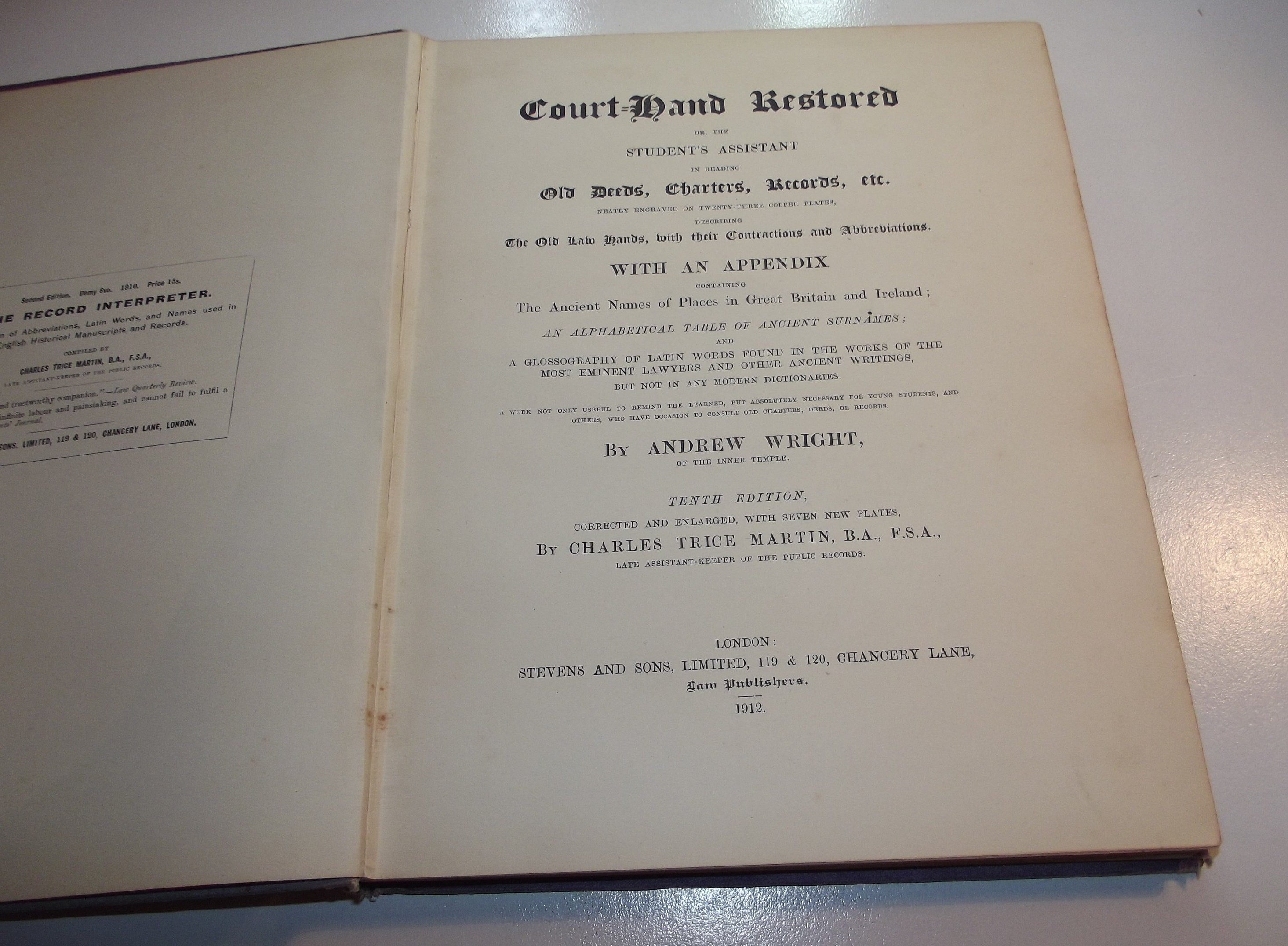 Court-Hand Restored, by Andrew Wright, enlarged by CT Martin, 10th edition,  1912, Antique Hardback