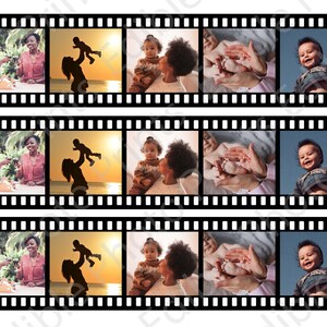 K&ouml;nnte beinhalten: Ein Filmstreifen mit sechs Fotos einer Familie. Die Fotos zeigen ein Paar mit einem Baby, eine Silhouette einer Frau, die ein Baby in die Luft h&auml;lt, ein Paar, das ein Baby h&auml;lt, und ein Baby, das in die Kamera schaut.