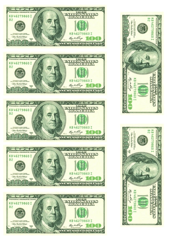 Edible money - 100 dollar bills (3/4 size) printed on edible wafer paper -  fun cake toppers. 7 per sheet.