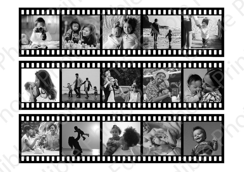 K&ouml;nnte beinhalten: Eine Schwarzwei&szlig;-Fotocollage von Familien und Kindern. Die Fotos sind in Form eines Filmstreifens angeordnet. Die Fotos zeigen Familien, die Zeit miteinander verbringen, spielen und lachen.